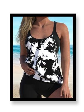 🆕 Women’s Plus Size Black & White Printed Tankini Swim Top & Bottom
